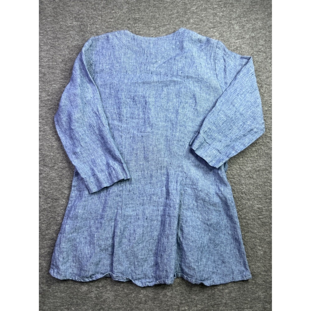 FLAX Blue 100% Linen Button Down Tunic V-Neck Pocket Tulip Hem Top Small - Picture 2 of 11